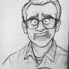 a drawing of a man with glasses and a surprised look on his face is shown