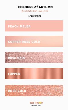 four different shades of pink and gold with the words peach melba copper rose gold, copper