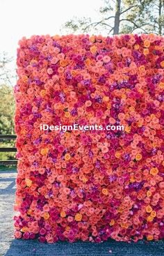 a large pink and orange flowered wall in front of a wooden fence with trees behind it