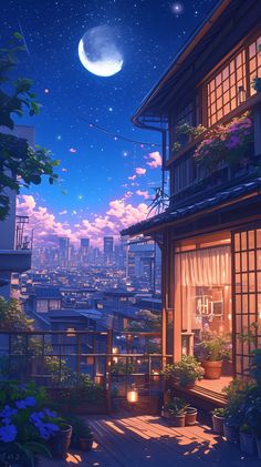 an animated cityscape with the moon in the sky and flowers on the ground