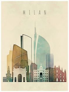 a city skyline is shown with the word, milan in front of it's buildings