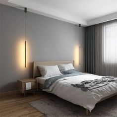 a bed sitting in a bedroom next to two lamps on either side of the bed