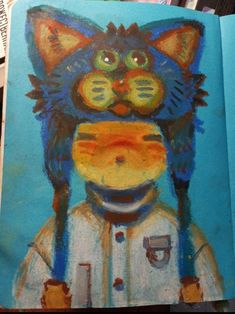 a drawing of a cat with a baseball uniform on it's head, in front of a blue background