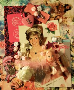 a collage of princess elizabeth and her doll, with pink roses on the background