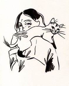 a black and white drawing of a woman holding a cat