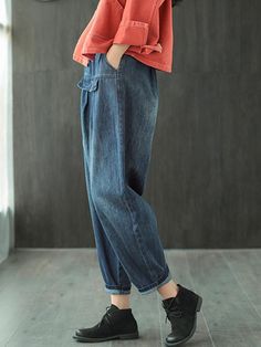 Sku CY-!64419 Material Denim , >50%Cotton Style Loose , Wide Leg , Harem pants Feature Elasticity Occasion Original Creation , Leisure Fashion Seasons Spring , Autumn Type Jean Pants Bottoms Color SAME AS PICTURE Size FREE SIZE Model's weight:55kg Model's height:165cm（64.96 inches) Please consult the size chart we provide for this item's measurements to help you decide which size to buy.Please note: There may be 1-3cm differ due to manual measurement.CMINCH Waist Hips Thigh Leg Opening Length FREE SIZE 67-104 132 79 35 89 Dark Wash Bottoms With Pockets For Spring, Non-stretch Dark Wash Cropped Jeans With Pockets, Spring Bottoms With Pockets In Dark Wash, Spring Bottoms In Dark Wash With Pockets, Casual Dark Wash Tapered Leg Bottoms, Casual Washed Blue Cropped Jeans With Pockets, Spring Baggy Dark Wash Cropped Jeans, Baggy Cropped Jeans In Denim Blue With Pockets, Baggy Medium Wash Cropped Jeans With Pockets