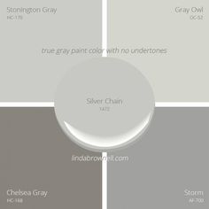 four shades of gray and white paint with the names of different colors on them, including one