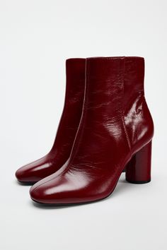 HEELED LEATHER ANKLE BOOTS Zara Leather Ankle Boots, Burgundy Dress Ankle Boots, Red Suede Boots Ankle, Elsa Boots Rouje, Womens Red Ankle Boots, Zara Boots 2022, Red Heeled Boots, Cherry Boots, Dark Red Boots