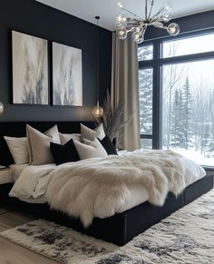 Bedroom And Sitting Room In One, Dark Modern Master Room, Mom Bedroom Ideas Decor Cozy, Modern Luxury Bedroom Master Suite Black And White, Modern Black White Bedroom, Elegant Rooms Bedrooms, Black Bedroom Decor Aesthetic, White And Black Apartment Aesthetic, Black Theme Bedroom Ideas