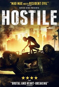 the movie poster for hostile with a man on top of a car in front of a city