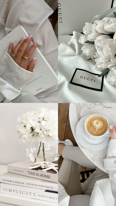 a woman sitting at a table holding a cup of coffee and some books on it