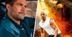 a man in white shirt next to an image of the movie poster for fast and furious