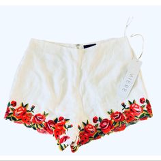 New With Tags! Darling White Shorts With Floral Trim And Side Zip. Waist 15” Rise 12” Inseam 2.5” Summer White Bottoms With Floral Embroidery, White Bottoms With Floral Embroidery For Summer, White Floral Embroidered Summer Bottoms, White Floral Embroidered Bottoms For Summer, Fitted Floral Embroidered Bottoms For Summer, Fitted Floral Embroidery Bottoms For Summer, Red Embroidered Bottoms For Summer, Embroidered Red Bottoms For Summer, White Floral Embroidery Bottoms For Spring