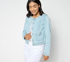 A fashion favorite, this stretch denim jacket ditches the collar for a more laid-back look. From Susan Graver. Spring Washed Denim Vest For Workwear, Spring Washed Denim Vest For Work, Spring Stretch Denim Top, Spring Denim Cropped Jacket For Work, Trendy Stretch Denim Jacket For Spring, Chic Denim Blue Jacket For Day Out, Spring Stretch Denim Jacket, Casual Stretch Cropped Jacket For Spring, Chic Medium Wash Denim Jacket For Spring