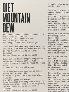 an old book with some type of writing on it's page and the words diet mountain dew written in black