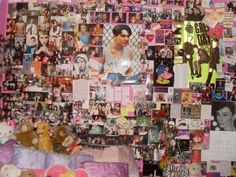 a wall covered in pictures and photos with teddy bears on the bottom right hand corner