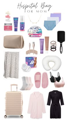 the contents of a travel bag for mom on a white background with text overlay