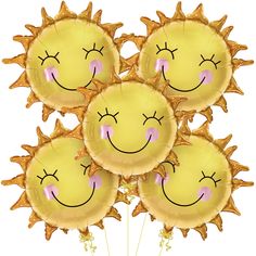 five yellow foil balloons with smiling faces and pink noses, all in the shape of sunbursts