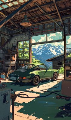 a painting of a car in a garage with mountains in the background