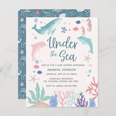 under the sea baby shower card with dolphins and corals