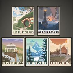 four travel posters with mountains and trees in the background, including an old clock tower