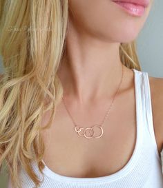 "Sterling Silver Four Circle Infinity Necklace ~ Available in Gold, Rose Gold or 100% Sterling Silver This stunning infinity necklace is perfect to represent the four of you! *Total necklace length including circles shown at 19\" (model has a size small neck) - Three circles are 24k gold vermeil or sterling silver (measuring about 47mm combined) - Chain is a shimmery 14k gold fill, rose gold fill or sterling silver chain - Necklace closes with a 14k gold fill, rose gold fill or sterling silver s Pear Shaped Diamond Necklace, Infinity Necklace Gold, Horseshoe Pendant, Horseshoe Necklace, Sister Necklace, Infinity Jewelry, Diamond Solitaire Necklace, Family Of Four, Infinity Necklace