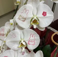 some white flowers with pink and red designs on them