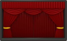 an empty stage with red curtains and gold trims on the sides, as if for a show or play