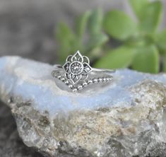 "Mandala Ring details: -Solid .925 sterling silver -Measures 10mm x 10mm - Ring band measures 1.4mm wide -Set of two includes Chevron Bead band 1.5mm -Comfortable and easily stackable! -Available in US sizes 4-10.5 with half sizes. Other rings shown here: https://www.etsy.com/shop/AWildViolet?ref=seller-platform-mcnav&section_id=13958646 Looking for a last minute or unique Christmas gift? Visit our \"READY TO SHIP\" section here, ships out in one business day https://www.etsy.com/shop/AWildViole Spiritual Silver Crystal Ring, Spiritual Sterling Silver Stackable Promise Rings, Spiritual Sterling Silver Toe Ring, Spiritual Stackable Crystal Open Ring, Spiritual Stackable Open Crystal Ring, Spiritual Silver Stackable Rings For Gift, Spiritual Silver Open Midi Rings, Nickel-free Sterling Silver Spiritual Crystal Ring, Silver Spiritual Midi Rings For Anniversary