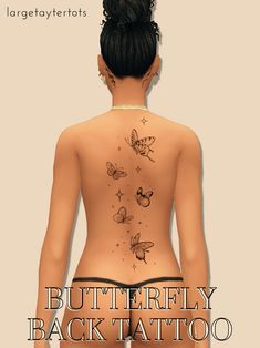 the back of a woman's body with butterflies tattooed on her chest and bottom