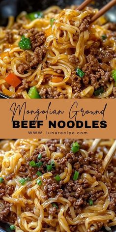 beef noodle stir fry in a pan with chopsticks on the side and text overlay