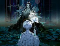 an anime scene with two people in the water