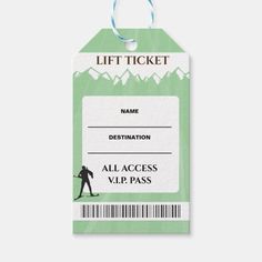 a green ticket with a skier on it and the name of the ski destination, all access