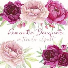 watercolor flowers with the words romantic bouquets written on them in pink and purple