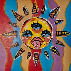 an abstract painting of the sun with eyes and lips