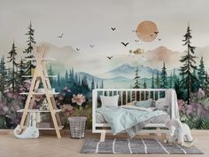 a child's room decorated in pastel colors with mountains and trees painted on the wall