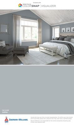 an image of a bedroom with gray walls and white carpeted flooring in the room