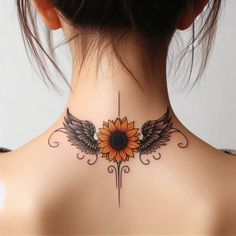 a woman with a sunflower tattoo on her neck and behind the neck is an angel wing