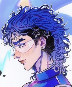 a drawing of a man with blue hair and glasses on his face, looking to the side