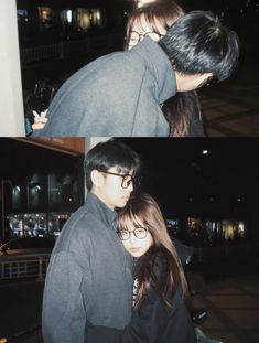 two pictures of a man and woman kissing each other in front of a building at night