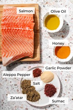 the ingredients to make salmon on a cutting board