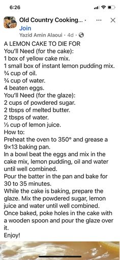 Lemon Pudding, Country Cooking, Candy Cookies, Candy Desserts, Yellow Cake Mixes, Vegetable Sides, Lemon Cake, Powdered Sugar, Baking Pans