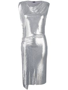 Silver-tone aluminum draped midi dress from Paco Rabanne featuring a draped neckline, a sleeveless design, gathering details at the sides, a slim fit, a mid-length and a chain link style. Draped Midi Dress, Mesh Midi Dress, Draped Midi Dresses, Side Snap, Draped Neckline, Dress Silver, Wedding Guest Looks, City Dress, Looks Chic