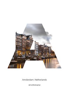 the letter a is made up of buildings and water