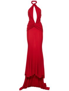 Back hook closure at collar. Halter strap. Front cutout detail. Open back. Model is wearing a size40 Long Halter Dress, Back Model, Drape Gowns, Drape Maxi Dress, Cute Dress Outfits, Long Red Dress, Red Dress Maxi, Halter Strap, Black Maxi Dress