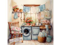 a painting of a laundry room with flowers on the window sill and washing machine