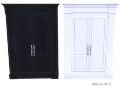 two tall white and black cabinets side by side on a white background, one with the doors open