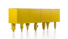 a yellow cabinet with four legs and three knobs on each side, in front of a white background