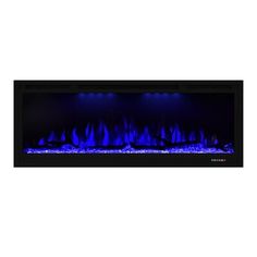 an electric fireplace with blue flames on the side and two lights in the middle, along with