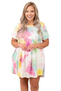 Tie Dye Crewneck Short Sleeve Casual Plus Size Dress Spring Multicolor Relaxed Fit Dress, Multicolor Mini Dresses For Daytime, Multicolor Relaxed Fit Dress For Day Out, Casual Multicolor Daywear Dress, Relaxed Multicolor Dress For Day Out, Casual Multicolor Dress For Daywear, Casual Flowy Multicolor Mini Dress, Flowy Multicolor Mini Dress Casual, Tie Dye Crewneck